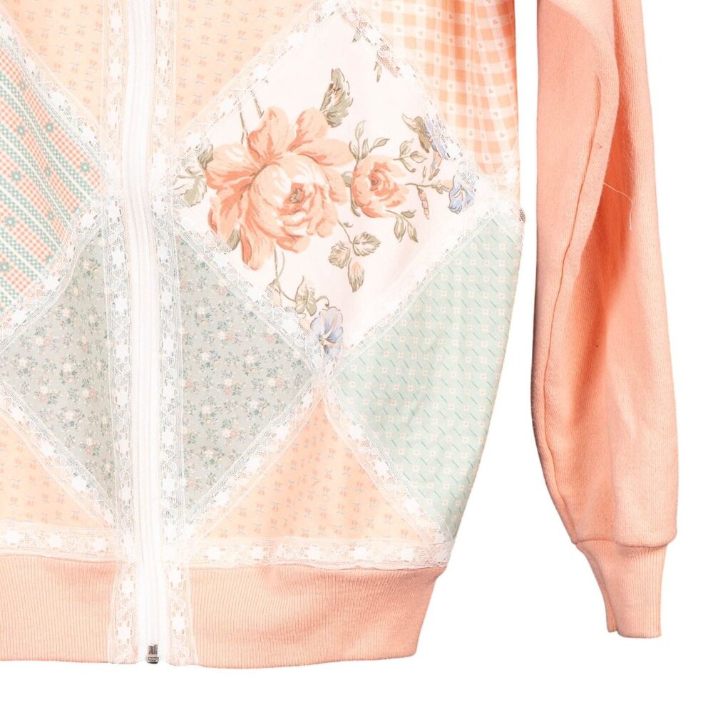 Patchwork Cardigan Sweatshirt M Peach Lace Floral Zip Checked 90s Mom Grammacore - Picture 3 of 5